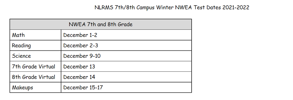 NWEA Testing Dates