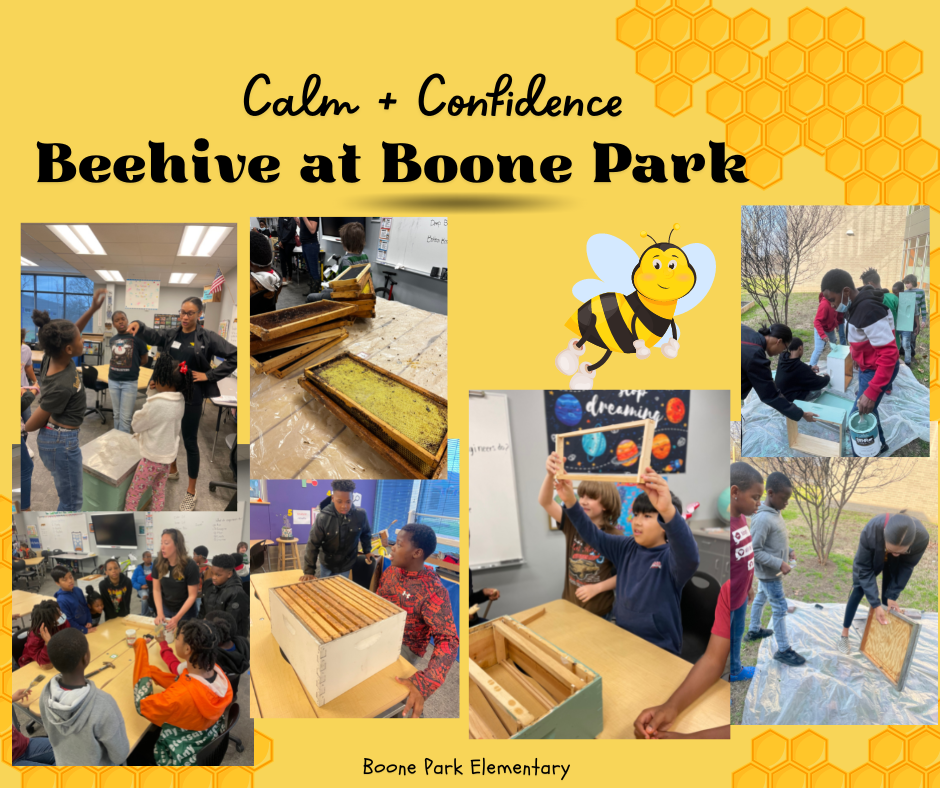 We are Buzzing at Boone Park! We have a beehive!  The Beehive Calm+Confidence program is roughly classified into three stages of development;  Prepare (no bee), February/March, Introduce (bee), March/ April, and Inspect (open hive) April/May.  Lauren and Franchesca from Calm+Conficence Beekeeping taught the first bee class at Boone Park Elementary where students sanded old hives, painted, and hammered, scraped out beehives, and assembled hives and frames using nails and hammers.   Our students had a BLAST preparing for the bees!   More to come! 