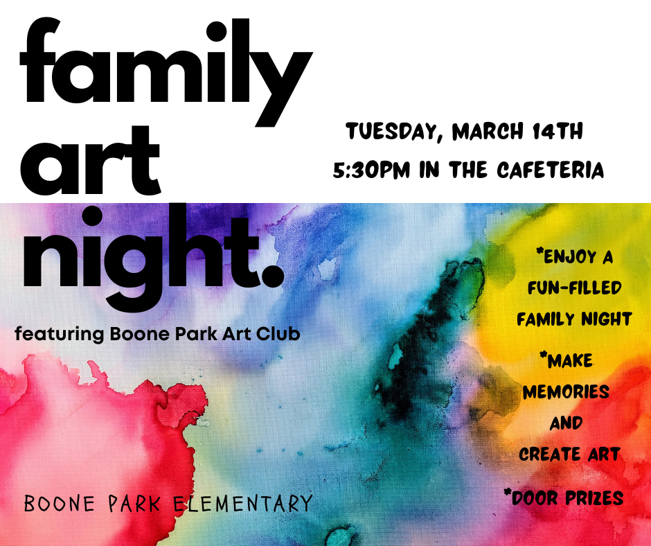 2nd Cup of Coffee: Family Art Night Tuesday, March 14th @5:30pm in the cafeteria --featuring our Art Club Showcase Come out and enjoy some fun family "Painting at the Park" :)